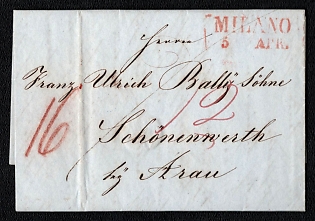 1849 (5 Apr) Pre-philatelic stampless international letter sheet from Milano (Kingdom of Lombardy–Venetia, Austria) to Schoennenwerth (Switzerland), payment postmark red handwritten rate "12", red handwritten rate "16", handwritten notation "Franco", red two-line "MILANO / 5 APR." postmark, red double-circle "ZÜRICH / 7 / AVRIL / 1849 / NACHMITTAGS" transit postmark on reverse, No arrival postmark
