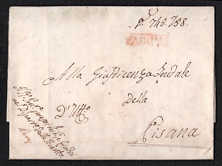 1806 Pre-philatelic free official letter sheet from Padova (Napoleonic Kingdom of Italy) to Pisana (Napoleonic Kingdom of Italy), red straight-line "PADOVA" postmark, handwritten administrative numbers "n. 745. 758." in upper right, handwritten note "D'Uff.o" (Di Ufficio) indicating official mail status. No arrival postmark
