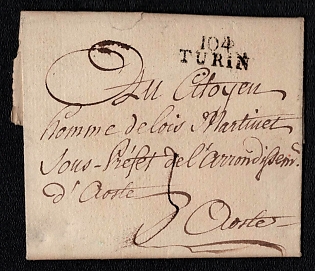 1801 Pre-philatelic stampless letter sheet from Turin (Subalpine Republic, French occupation Italy) to Aosta (Subalpine Republic, French occupation Italy), payment postmark handwritten rate probably "5". Black straight-line "104 / TURIN" postmark. No arrival postmark