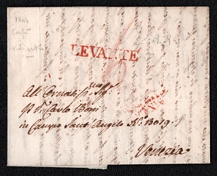 1844 (7 Jan) Pre-philatelic stampless international letter sheet from Corfu (United States of the Ionian Islands, Great Britain) to Venice (Kingdom of Lombardy–Venetia, Austria), payment postmark handwritten rate "6", red straightline "LEVANTE" transit mark on front (indicated mail arriving from the Middle East or Greek islands)