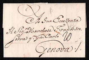 1787 Pre-philatelic stampless international letter sheet to Genova (Italy), payment postmark, handwritten rate "20", black triangular "P" (Paid) cachet on front. No arrival postmark