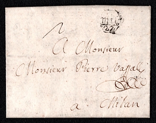 1790 (ca.) Pre-philatelic stampless letter sheet to Milan (Duchy of Milan, Austria), cash payment postmark handwritten rate probably "2". Black small octagonal "MIL / 22" postmark on front. No arrival postmark