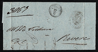 1865 (27 Dec) Stampless free official letter sheet from Lonigo (Lombardy–Venetia, Austria) to Revere (Lombardy–Venetia, Austria), black circular "LONIGO / 27 / 12" origin postmark on front, black cachet "IMPERIA PRETURA DI LONIGO" (Imperial Magistrate's Court of Lonigo) with Austrian double-headed eagle, black circular "REVERE / 28 / 12" arrival postmark on reverse. Arrive in Revere December 28, 1865