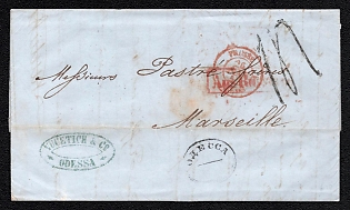 1854 (Jan) Russian Empire, Russia, Commercial Cover, from Odessa to Marseille, via Prussia, via Paris, with Green Handstamp 'Vucetich & Co' and with Black Crayon Numeral Postal Marking