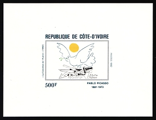 1982 500fr 'Dove of Peace' by Pablo Picasso, Republic of Cote d'Ivoire (Ivory Coast), Imperforate Proof Sheetlet