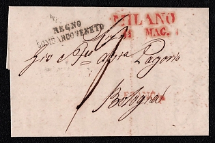 1841 (11 May) Pre-philatelic stampless international letter from Milano (Lombardy–Venetia, Austria) to Bologna (Italy), payment postmark red straight-line cachet "FRANCO", handwritten rate "4", red two-line "MILANO / 21 MAG." postmark on front, black straight-line transit postmark "REGNO / LOMBARDO VENETO". Arrive in Bologna May 14, 1841