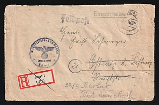 1945 Third Reich, Germany, Military Mail Field Post Feldpost Registered Stampless free tariff Cover from Soest to Ostwig, via Ramsbeck, red and white registration label '№260', handstamped registration marking '21', violet round official seal