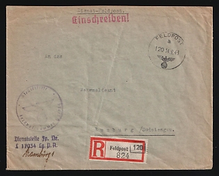 1943 (14 Sep) Third Reich, Germany, Military Mail Field Post Feldpost Registered Stampless free tariff Cover from Hamburg to Rumburk (Czech Republic), red and white registration label 'Feldpost №824', violet round official seal 'Field post number L 17034', handstamp marking 'Official Field Post', purple text mark 'Dienststelle Fp. Nr. L 17034 Lg. P. A.'