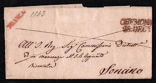 1843 (28 Dec) Pre-philatelic stampless letter sheet from Cremona (Lombardy–Venetia, Austria) to Soncino (Lombardy–Venetia, Austria), payment postmark red straight-line "FRANCA" on front, handwritten rate "6" on reverse. Red two-line "CREMONA / 28. DEC." origin postmark on front. "SONCINO / 28. DIC." arrival postmark on reverse. Arrive in Soncino December 28, 1843
