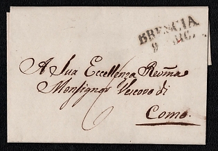 1844 (9 Des) Pre-philatelic stampless letter sheet from Brescia (Lombardy–Venetia, Austria) to Como (Lombardy–Venetia, Austria), cash payment postmark handwritten rate "6" on front. Black two-line "BRESCIA / 9 DIC." origin postmark on front. Arrive in Como Desember 11, 1844