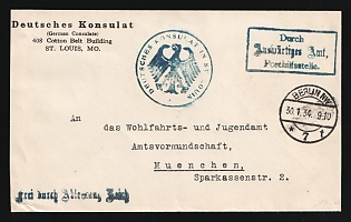 1934 (30 Jan) Third Reich, Germany, Stampless free tariff Cover from German Consulate in St. Louis (Missouri, USA) to the Office of Social Welfare and Youth Affairs, Department of Official Guardianship in Munich (Germany), via the Federal Foreign Office, Postal Relief Agency, violet Official seal of the consulate 'Deutsches konsulat in St. Louis', violet postage exemption handstamp 'Free through redemption, the Reich'