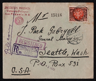 1922 (17 Aug) International registered cover from Warszawa (Poland) to Seattle (USA), franked by 100m (Poland), canceled by Warszawa postmark. Via Chicago August 31, 1922. Arrive in Seattle September 3, 1922