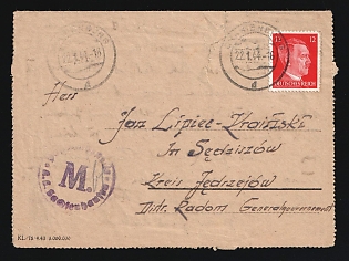 1944 (22 Jan) Third Reich, Germany, Postcard from Oranienburg Concentration Camp to Sedziszow, Radom District, General Government (Poland), franked with 12pf, with violet round handstamp 'Oranienburg-Sachsenhausen concentration camp', Camp № '27553', Block '50', blue crayon postal marking