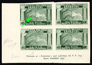 1945 45gr Barletta - Trani, Polish II Corps in Italy, Poland, DP Camp, Displaced Persons Camp, Block of Four, White Vertical Line through Two Stamps, Corner Margin, Sheet Inscription, Chalky Paper, Unpriced
