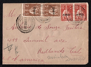1922 (23 Mar) International cover from Ponta Delgada (Azores, Portugal) to Redlands (USA), franked by two pair of 5c and pair of 10c (Azores) canceled by Ponta Delgada postmark. No arrival postmark