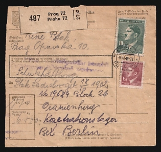 1944 (22 Jan) Bohemia and Moravia, Germany, Parcel Postcard from Prague (Czech Republic) to Oranienburg-Sachsenhausen concentration camp (Germany), camp number '19684', Block '26', franked with 1.50K, 10K, with registration label '487 Prag 72 / Praha 2793', violet handstamp postal marking