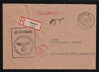 1944 (28 Apr) Third Reich, Germany, Military Mail SS Field Post Feldpost Stampless free tariff Registered Cover from Dachau to Fleure - Orne (France), with red and white registration label '№534', red registration handstamp, black crayon postal marking, black rectangular postmark 'SS-Fuhrungshauptamt / SS-Transport-Offizier 'South'', round pink flow handstamp 'Ae', sender details are printed on the top of the valve 'SS Transport Officer 'South', tel. 293 and 297, extension 518, Dachau 3 near Munich'