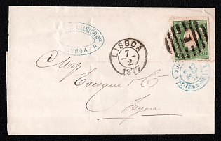 1877 (7 Feb) International letter sheet from Lisboa (Portugal) to Lyon (France), franked by 50r (Portugal), canceled by black bars "1" postmark on front. Blue oval "António Chamiço / Lisboa" forwarding agent cachet. Via St-Jeah-De-Lyz blue postmark on front February 12, 1877. Arrive in Lyon February 19, 1877