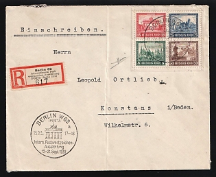 1930 (15 Sep) Weimar Republic, Germany, Registered Cover from Berlin to Konstanz, franked with a sheet of four values with cut margins 8pf, 15pf, 25pf, 50pf, cancelled with the Commemorative postmark 'Berlin W62, IPOSTA', registration label '617. Berlin 62. Internationale Postwertzeichen-Ausstellung. IPOSTA Berlin 1930', rectangular purple handstamp 'M. ORTLIEB, Ankauf — Briefmarken, Berlin-Wilmersdorf, Hanauer Straße 32, Tel.: H 3 Rheingau 4112' on the back side, with Signature, Certificate