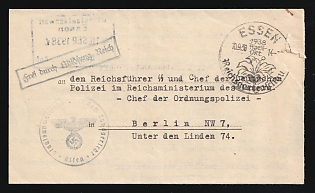 1938 (10 Sep) Third Reich, Germany, Stampless free tariff SS Cover official response Public Prosecutor's Office at the Essen Regional Court to Reichsfuhrer SS and Chief of the German Police in the Reich Ministry of the Interior, Chief of the Order Police in Berlin, special postmark 'Essen Reichs Gartenschau', handstamp in frame 'Free through redemption, the Reich', Registration rectangular handstamp, red Official Seal Label 'Office at the Regional Court', violet official seal 'Chief of the Order Police'