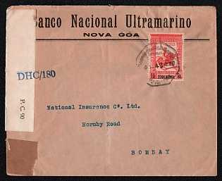 1942 (4 Nov) International censored cover from Nova Goa (Portuguese India) to Bombay (British India), franked with 1½ (Portuguese India) canceled by Nova Goa postmark. Censor tape with black printed "P. C. 90" on front and "OPENED BY EXAMINER" inscription on reverse, Blue "DHC/180" censor code stamp on front, black octagonal "PASSED / DHC/180" censor cachet with a crown on reverse. Arrive in Bombay November 13, 1942