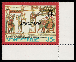 1986 35c King Harold II and Halley's Comet; Bayeux Tapestry (1066), Crown Colony of Montserrat, Specimen, Corner Margins