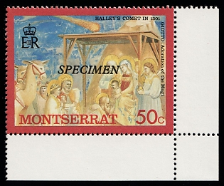 1986 50c Halley’s Comet, 'Adoration of the Magi' by Giotto di Bondone, Crown Colony of Montserrat, Specimen, Corner Margins