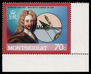 1986 70c Halley’s Comet, Sir Edmond Halley (1656-1742), English astronomer, Crown Colony of Montserrat, Specimen, Corner Margins