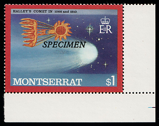 1986 1d Halley’s Comet, Halley's Comet, embroidery (1066) and photograph (1910), Crown Colony of Montserrat, Specimen, Corner Margins