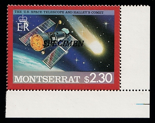 1986 2.30d Halley’s Comet, NASA space telescope (model), Crown Colony of Montserrat, Specimen, Corner Margins