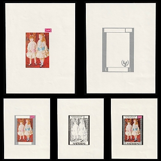1968 'Pink and Blue' by Pierre-Auguste Renoir, Childrens Day, Mutawakkilite Kingdom of Yemen, Imperforate Trial Color Proofs Sheetlets