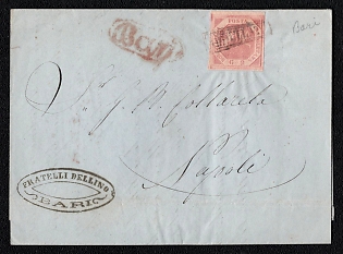 1858 (7 Oct) Letter sheet from Bari (Naples, Italy) to Napoli (Naples, Italy), franked by 2Gr (Naples, Italy), canceled by black postmark "Annullato". Red oval "Bari" origin postmark on front, red straight-line "4 OTTOBRE" date origin postmark on reverse, black oval forwarding agent cachet  "FRATELLI DELLINO / BARI" on front. Arrive in Napoli October 20, 1858