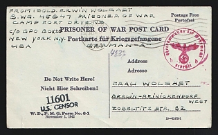 1944 (5 Jun) Prisoner of War Military Mail, Censored Stampless free tariff Postcard from Prisoner of War Camp, Fort Devens (USA) to Berlin (Germany), via New York (USA), with roller cancellation, blue crayon postal marking, red censorship official seal 'Wehrmacht High Command. Censored', postal marking '11601 U.S. censor'