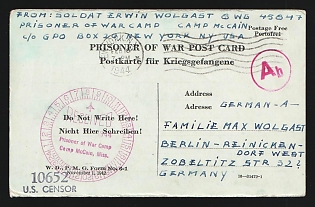 1944 (6 Feb) Prisoner of War Military Mail, Censored Stampless free tariff Postcard from Prisoner of War Camp McCain, Mississippi (USA) to Berlin (Germany), via New York (USA), with roller cancellation, postal marking '10652 U.S. censor', German pink censorship handstamp 'Ab', Round purple camp handstamp clock