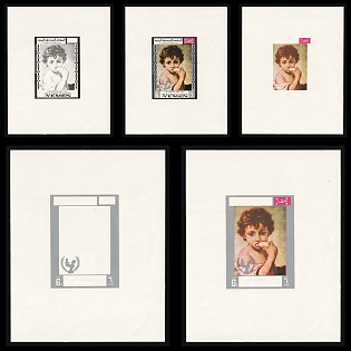 1968 'The Melon Eaters (Detail)' by Bartolome Esteban Murillo, Childrens Day, Mutawakkilite Kingdom of Yemen, Airmail, Imperforate Trial Color Proofs Sheetlets