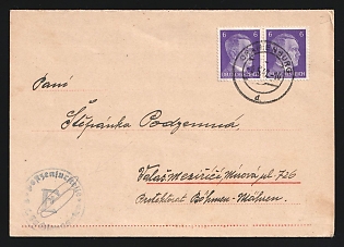1942 (9 May) Third Reich, Germany, Postcard from Oranienburg-Sachsenhausen concentration camp (Germany) to Valasske Mezirici (Bohemia and Moravia), camp number '16147', Block '26', franked with pair 2 x 6pf, violet censorship camp handstamp 'Postal Censorship Service. Sachsenhausen Concentration Camp'