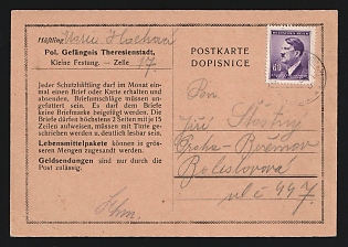 1943 (15 Jan) Bohemia and Moravia, Germany, Postcard from Theresienstadt Police Prison, Small Fortress, Cell 17 to Prague-Brevnov (Bohemia and Moravia), franked with 60h