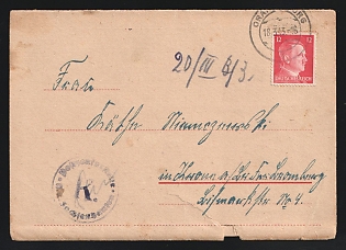 1943 (18 Mar) Third Reich, Germany, Postcard from Oranienburg-Sachsenhausen concentration camp (Germany) to Krosno Odrzanskie (Poland), camp number '55050', Block '63 A', franked with 12pf, with violet censorship camp handstamp 'Postal checkpoint. Sachsenhausen concentration camp', blue crayon postal marking