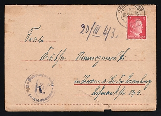 1943 (18 Mar) Third Reich, Germany, Postcard from Oranienburg-Sachsenhausen concentration camp (Germany) to Krosno Odrzanskie (Poland), camp number '55050', Block '63 A', franked with 12pf, with violet censorship camp handstamp 'Postal checkpoint. Sachsenhausen concentration camp', blue crayon postal marking