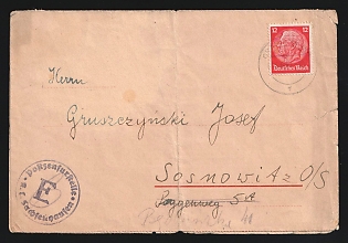 1941 (8 Jun) Third Reich, Germany, Postcard from Oranienburg-Sachsenhausen concentration camp (Germany) to Sosnowiec (Poland), camp number '30553', Block '63 B', franked with 12pf, with violet censorship camp handstamp 'Postal checkpoint. Sachsenhausen concentration camp', blue crayon postal marking