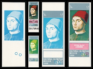 1969 'Portrait' by Antonello da Messina, Paintings from the National Gallery London, Cultural Olimpiad Type, Yemen Arab Republic, Imperforate Trial Color Proofs, Margins