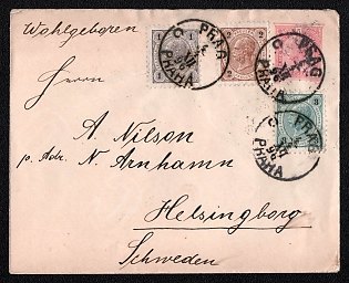 1896 (4 Apr) International postal stationery cover from Prague (Austria) to Helsingborg (Sweden), franked 1kr, 2kr, 3kr on postal stationery with imprinted 5kr stamp (Austria) canceled by Prague postmarks. Arrive in Helsingborg April, 1896
