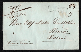 1847 (19 Aug) Pre-philatelic stampless international letter from Nykarleby / Uusikaarlepyy (Finland / Russian Empire) to Holmö (Sweden), cash payment postmark handwritten "Franco Gränsen" in translation "Paid to the border" on front, handwritten rate "24 sk bco" deciphered "24 skilling banco", black boxed "NYKARLEBY / 19 AUG. 1847." origin postmark on front. Via Haparanda August 22, 1847. No arrival postmark