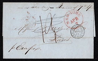 1852 (7 Apr) Stampless international letter sheet from London (Great Britain) to Paris (France), payment postmark handwritten rate "19", handwritten forwarding agent endorsement "Received & Forwarded by / New York April 5th Emilio Sanchez y Dolz" on reverse. Via London April 19, 1852. Via Calais April 20, 1852. No arrive postmark