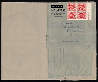 1956 (05 Dec) Federation of Rhodesia and Nyasaland, 'Christmas Greetings' Airmail Cover from Domasi (Republic of Malawi) to Fairfield (United States), franked with block of four 3d of stamps with a portrait of Queen Elizabeth II (SG 4)