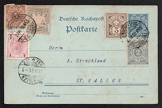 1900 (27 Apr) German Empire, Germany, 2pf Postal Stationery Commercial Postcard to St. Gallen (Switzerland), Schiffspost, with Handstamp 'K.W. SCHIFFSPOST' franked with 2pf and 3pf, 1h (Austria), and 3c (Switzerland)