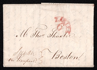 1822 Pre-philatelic stampless international letter sheet from Rotterdam (Netherlands) to Boston (USA), payment postmark cachet rate "SHIP 6", handwritten route endorsement "Susan (ship) / via Liverpool". No arrival postmark