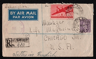 1944 (17 Aug) International registered censored airmail cover from Polish Field Post Office 121 (Great Britain) to Chicago (USA), franked by 3d (Great Britain) 6c airmail stamp (USA), canceled by "POCZTA POLOWA / 17.VIII.44" military postmarks, black framed cachet "R / POCZTA POLOWA 121 / Nr. 410" registration label on front, purple circular British "111" censor postmark on front. Arrive in Chicago August 31, 1944