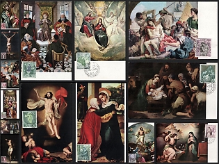 1962 (26 Oct) Madrid, Spanish State, Bible Painting Commemorative Picture Postcard total franked with 51p of 15 Mysteries of the Rosary ​​Painting Stamps (Michel 1355-1369)