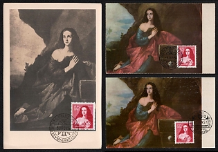 1956-1957 Madrid, Spanish State, 300th anniversary of the death of José de Ribera Commemorative Picture Postcard total franked with 3.75p of painting by José de Ribera Stamps (Michel 1024)